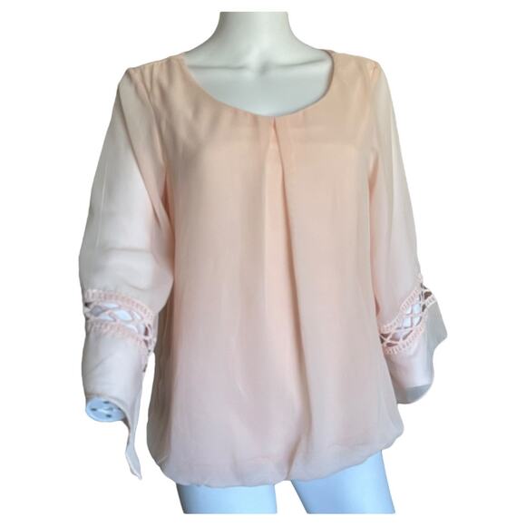 AB Studio Womens medium top sheer pale pink 3/4th bell sleeve chiffon blouse - Picture 8 of 10
